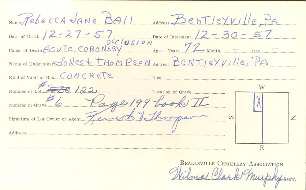 Rebecca Jane Ball burial card